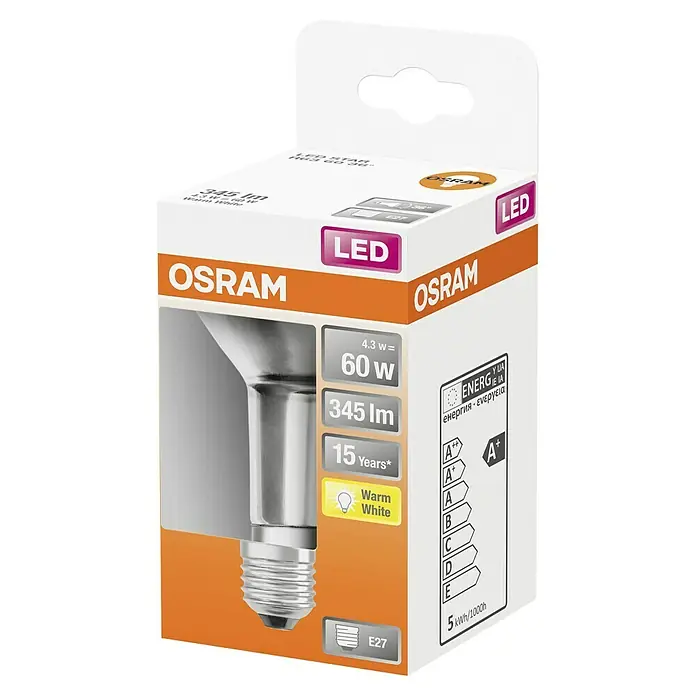 Osram Star Bombilla LED R63 - E27, No regulable, Blanco cálido, 345 lm, 4,3 W - Imagen del producto de una bombilla LED OSRAM, equivalente a 60W y que produce 345 lúmenes con luz blanca cálida, en una caja atractiva.