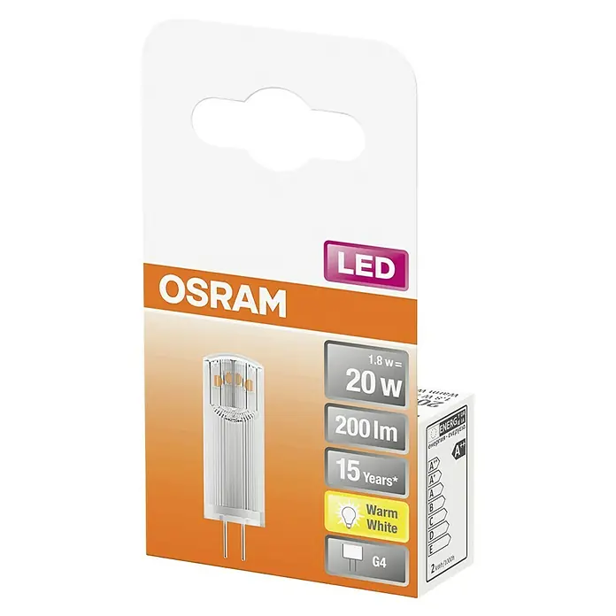 Osram Star Bombilla LED - G4, No regulable, Blanco cálido, 200 lm, 1,8 W - Embalaje de una bombilla LED Osram, base G4, luz blanca cálida, equivalente a 20 vatios, clase de eficiencia energética A++.