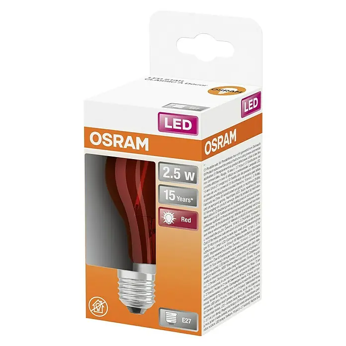 Osram Star LED-Lampe Vintage Glühlampenform E27 - E27, Nicht Dimmbar, Rot, 45 lm, 2,5 W, Farbe: Rot - Osram LED-Lampe, 2.5W, rote Farbe, mit E27-Sockel und einer Lebensdauer von 15 Jahren.