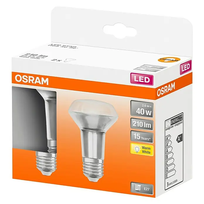 Osram Star LED-Lampen Set Star R63 E27 - E27, Nicht Dimmbar, Warmweiß, 210 lm, 2,6 W, 2 Stk. - Eine Osram LED Star R63 40 36° Reflektorlampe in der Doppelpackung, die mit warmweißem Licht eine gemütliche Atmosphäre schafft.