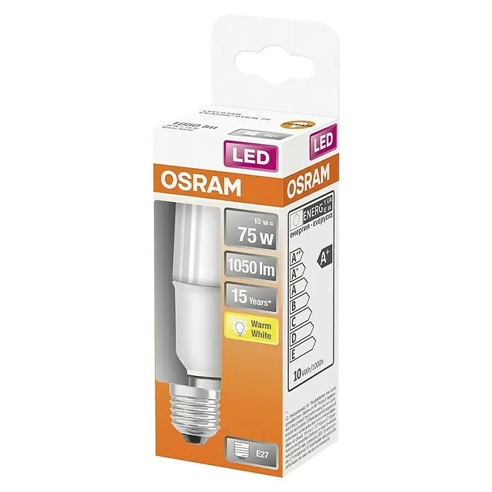 Osram Star Bombilla LED Stick - E27, No regulable, Blanco cálido, 1.055 lm, 10 W - Embalaje del producto para una bombilla LED OSRAM con base E27, 10W (equivalente a 75W), 1050 lúmenes, luz blanca cálida y una vida útil de 15 años.