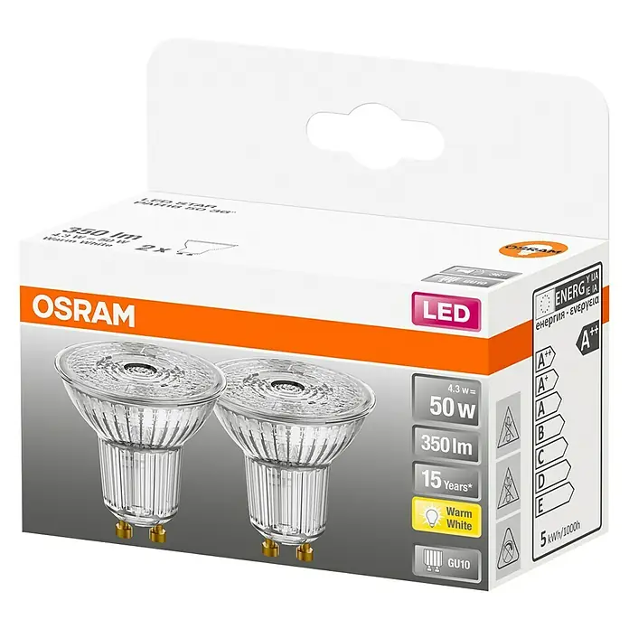 Osram Star Set de bombillas LED PAR16 - GU10, No regulable, Blanco cálido, 350 lm, 4,3 W, 2 ud. - Pack de 2 Osram LED Star PAR16 50 36°: dos bombillas LED con base GU10, luz blanca cálida y larga duración para una iluminación eficiente.