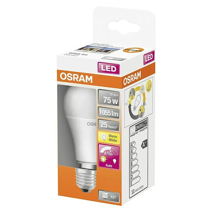 Osram Star Bombilla LED Classic A 75 Motion Sensor - E27, No regulable, Blanco cálido, 1.055 lm, 11 W - Paquete de bombilla LED Osram con sensor de movimiento, 1055 lúmenes, equivalente a 75W, luz cálida y base E27 para iluminación eficiente.