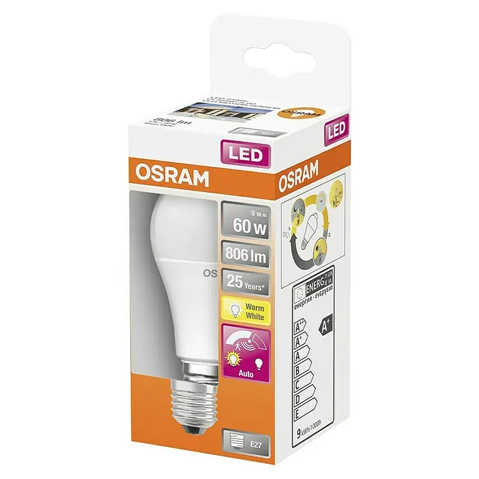 Osram Star LED-Lampe Classic 60 - E27, Nicht Dimmbar, Warmweiß, 806 lm, 9 W - Nahaufnahme der Verpackung einer OSRAM LED-Lampe mit Bewegungssensor, E27 Sockel, warmweiß, 60W.