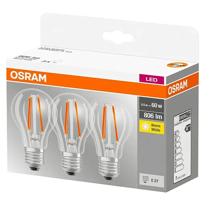 Osram Star Set de bombillas LED Classic A 60 - E27, No regulable, Blanco cálido, 806 lm, 7 W, 3 ud., Filamento - Paquete de tres bombillas LED de filamento OSRAM con base E27, 6,5 W, luz blanca cálida y clase de eficiencia energética A++.