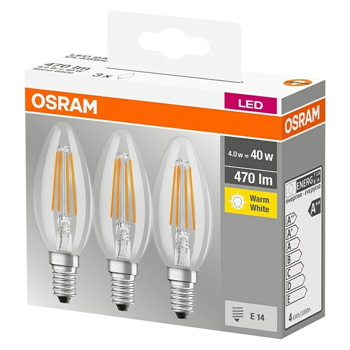 Osram Star Bombilla LED Classic B 40 (4 W, E14, Blanco cálido, Claro, 3 uds.)