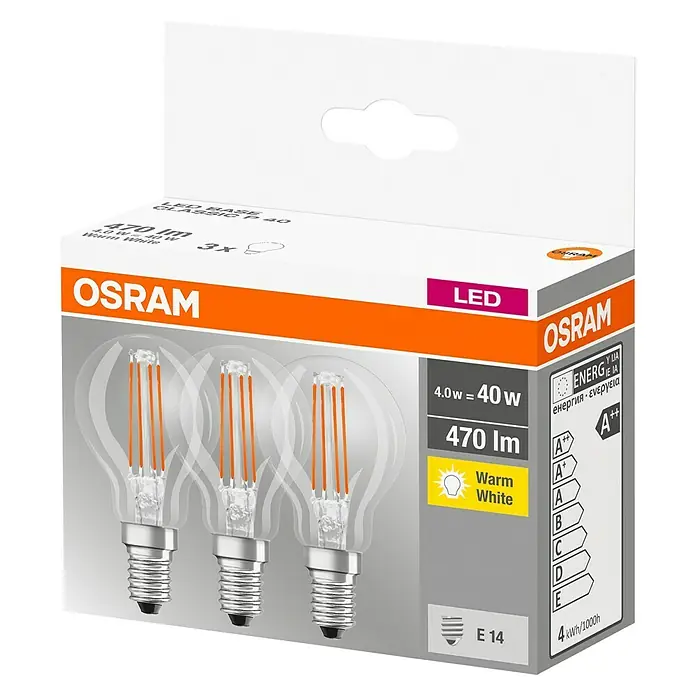 Osram Retrofit Bombilla LED Classic P 40 - E14, No regulable, Blanco cálido, 470 lm, 4 W, 3 ud. - Imagen de una bombilla LED E14 de OSRAM con luz blanca cálida, 4W equivale a 40W, 470 lúmenes, clase de eficiencia energética A++, en paquete de 3.