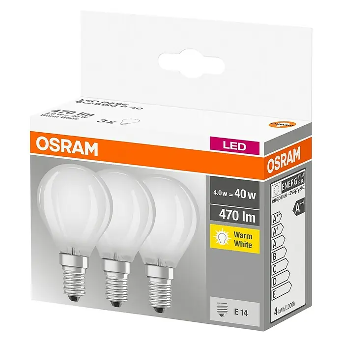 Osram Star Set de bombillas LED Classic P 40 - E14, No regulable, Blanco cálido, 470 lm, 4 W, 3 ud. - Un paquete de bombillas LED OSRAM con base E14, 4W de potencia y luz blanca cálida para un ambiente agradable.
