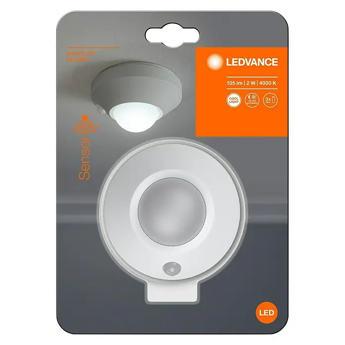 Osram Luz de noche LED - Blanco, Ø x Al: 86 x 47 mm - Embalaje de una lámpara de techo LEDVANCE Nightlux con sensor, 105 lm, 2 W y 4000 K.