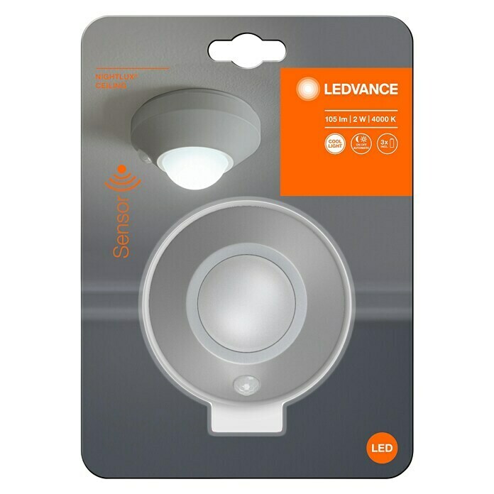 Ledvance LED-Nachtlicht CeilingSilber, Batteriebetrieben, Ø x H: 86 x 47 mm Front View