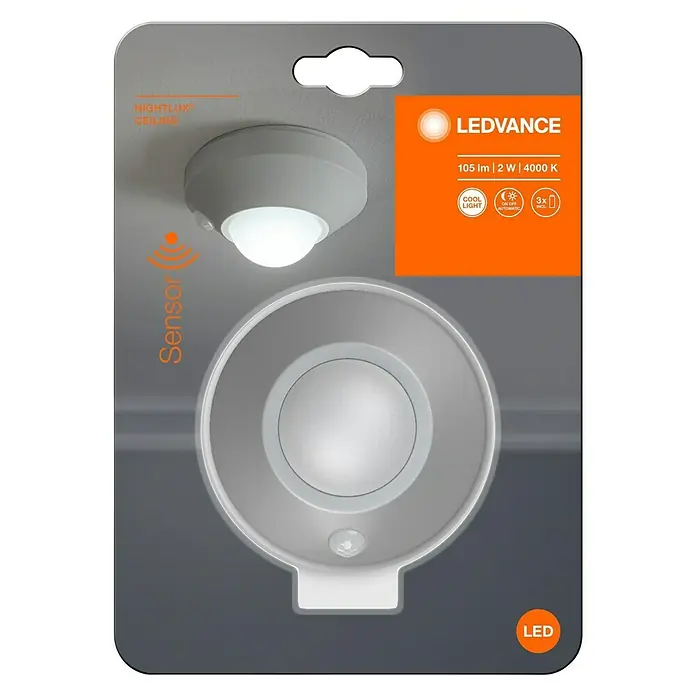 Osram Luz de noche LED - Gris, Ø x Al: 86 x 47 mm - Embalaje de una luz LEDVANCE Nightlux Ceiling Sensor, con detección de movimiento y funcionamiento a batería para uso en interiores.