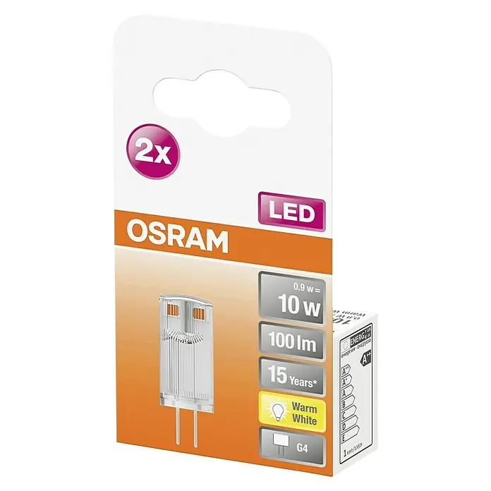Osram Star LED-Lampen-Set Pin G4 - G4, Nicht Dimmbar, Warmweiß, 100 lm, 0,9 W, 2 Stk. - Nahaufnahme einer 2er-Packung OSRAM LED-Lampen, G4-Sockel, warmweißes Licht, energiesparend mit langer Lebensdauer.