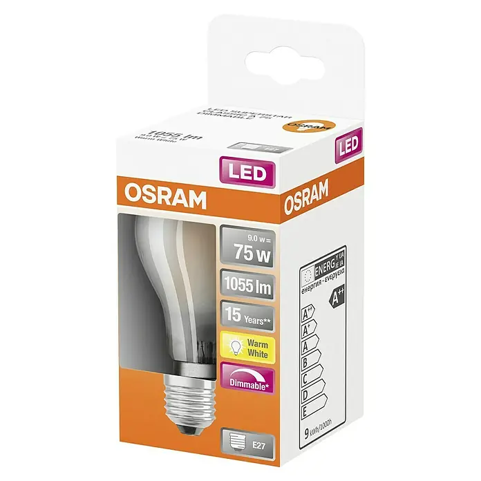 Osram Superstar LED-Lampe Glühlampenform E27 matt - E27, Dimmbar, Warmweiß, 1.055 lm, 9 W, Matt - Osram LED-Lampe: 9.0W, entspricht 75W, 1055 Lumen, warmweiß, dimmbar, 15 Jahre Lebensdauer, E27 Sockel.