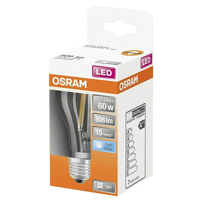 Osram Star LED-Lampe Glühlampenform E27 klar - E27, Nicht Dimmbar, Kaltweiß, 806 lm, 7 W - Produktaufnahme: OSRAM LED-Lampe, 7W, 60W-Äquivalent, 806 Lumen, Cool White, mit Energieeffizienzklasse A++ für energiesparende Beleuchtung.