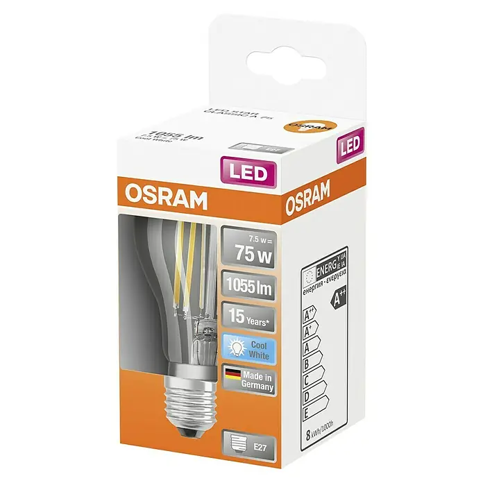 Osram Star LED-Lampe Glühlampenform E27 matt - E27, Nicht Dimmbar, Kaltweiß, 1.055 lm, 7,5 W - Die OSRAM LED-Lampe mit einer Leistung von 7,5W, die 75W entspricht, bietet 1055 Lumen Helligkeit und eine Lebensdauer von 15 Jahren.