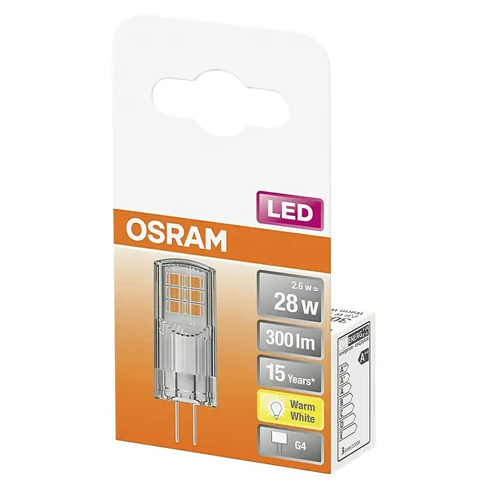 Osram Star LED-Lampe Pin G4 - G4, Nicht Dimmbar, Warmweiß, 300 lm, 2,6 W - Abbildung einer Osram LED-Lampe, G4 Sockel, warmweißes Licht, 2,6W Leistung entspricht 28W, 300 Lumen, Lebensdauer 15 Jahre.