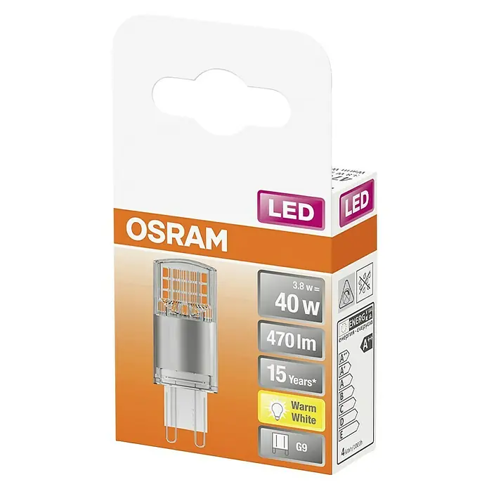 Osram Star LED-Lampe Pin G9 - G9, Nicht Dimmbar, Warmweiß, 470 lm, 3,8 W - LED-Lampe von Osram, 3,8W entspricht 40W, 470 Lumen, warmweiß, G9-Sockel, Lebensdauer 15 Jahre. Energieeffizienzklasse A++.