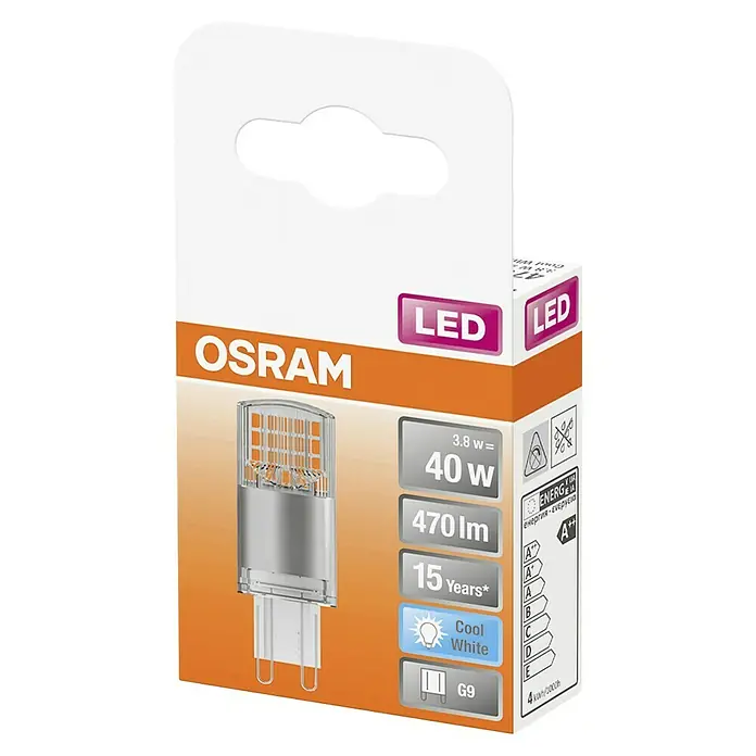 Osram Star LED-Lampe Pin G9 - G9, Nicht Dimmbar, Kaltweiß, 470 lm, 3,8 W - Nahaufnahme der Verpackung einer Osram LED-Lampe, die die technischen Daten und das Markenlogo zeigt.