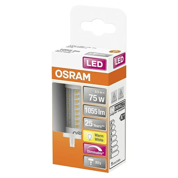 Osram Superstar Bombilla LED - R7s, Intensidad regulable, Blanco cálido, 1.055 lm, 8,5 W - Primer plano del embalaje de una bombilla LED Osram R7s, destacando la eficiencia energética y la atenuación.