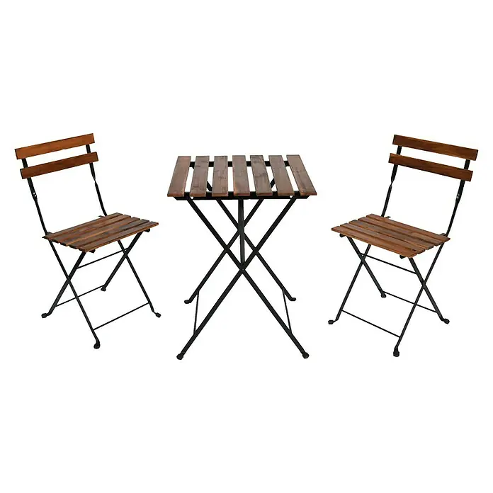 Conjunto de muebles de balcón Dora - 3 pzs., Madera de acacia/Acero, Marrón - Un conjunto de patio con sillas plegables, perfecto para pequeños balcones o terrazas acogedoras, con asientos de madera y una mesa.