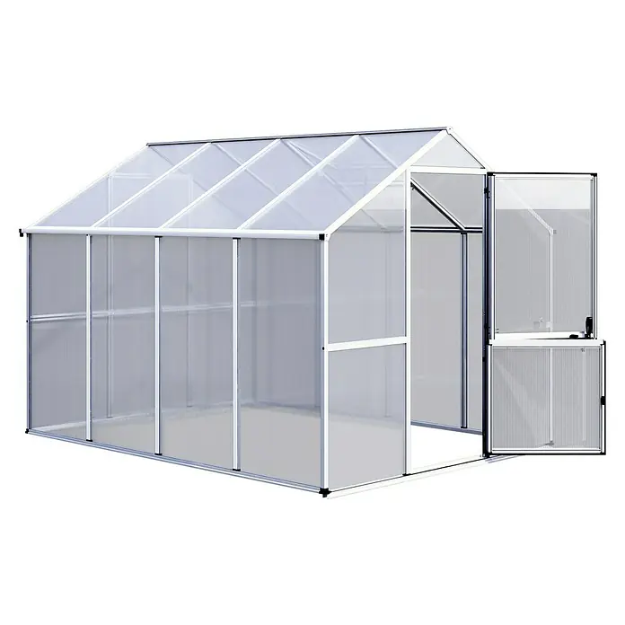 KGT Gewächshaus Callas IV - Außenmaß inkl. Dachüberstand (B x T): 227 x 300 cm, 6 mm, Silber - Ein geräumiges Gewächshaus mit transparenten Wänden und einer offenen Tür für einfachen Zugang. Ideal für Pflanzenliebhaber.