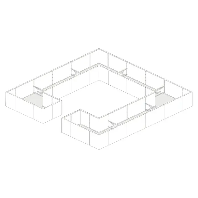 Palatino Hochbeet Urban C-Form - 500 x 500 x 70 cm, Stahl, Rostbraun - Die Abbildung zeigt einen skizzenhaften Messestandentwurf in U-Form mit Regalen, ideal für Ausstellungen und Präsentationen, dargestellt in einer isometrischen Ansicht.