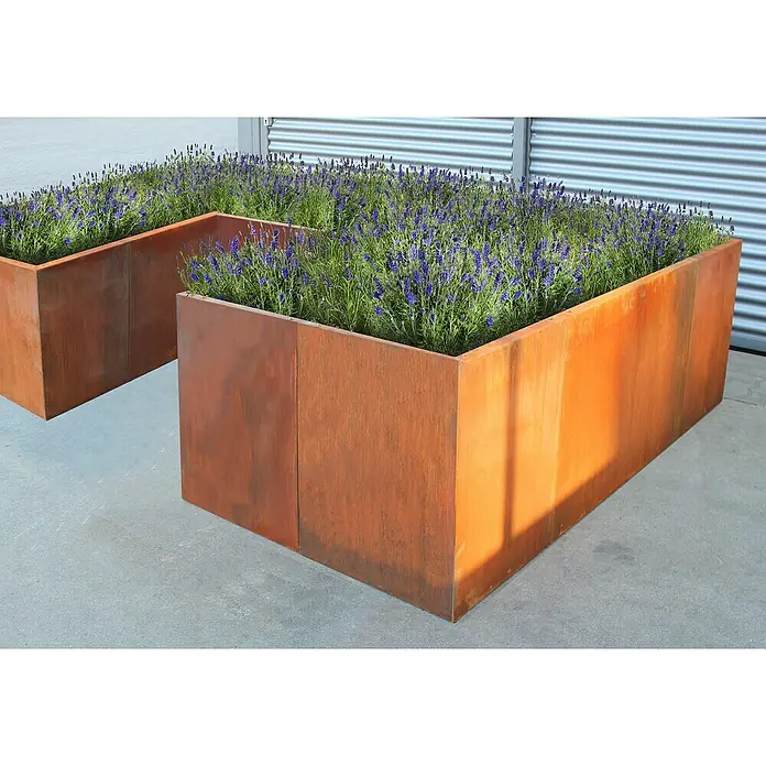 Palatino Hochbeet Urban C-Form - 500 x 500 x 70 cm, Stahl, Rostbraun - Rostfarbene Pflanzkästen aus Metall mit blühenden Lavendelpflanzen für den Außenbereich, die einen Hauch von Eleganz in jeden Garten bringen.