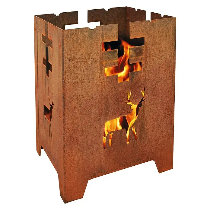 Palatino Feuerkorb Hubertus - Cortenstahl, 40 x 40 x 60 cm - Rustikaler Feuerkorb mit Hirschmotiven und Schweizer Kreuz, ideal für gemütliche Abende im Freien.