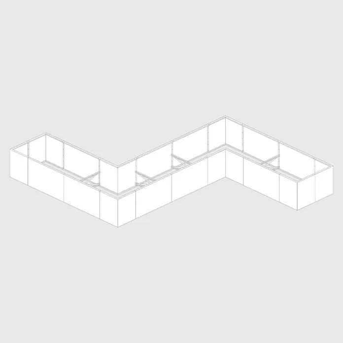 Palatino Hochbeet Urban S-Form - 500 x 400 x 70 cm, Stahl, Rostbraun - Das Bild zeigt eine skizzenhafte Darstellung einer U-förmigen Ausstellungsstandkonstruktion in weiß auf grauem Hintergrund.