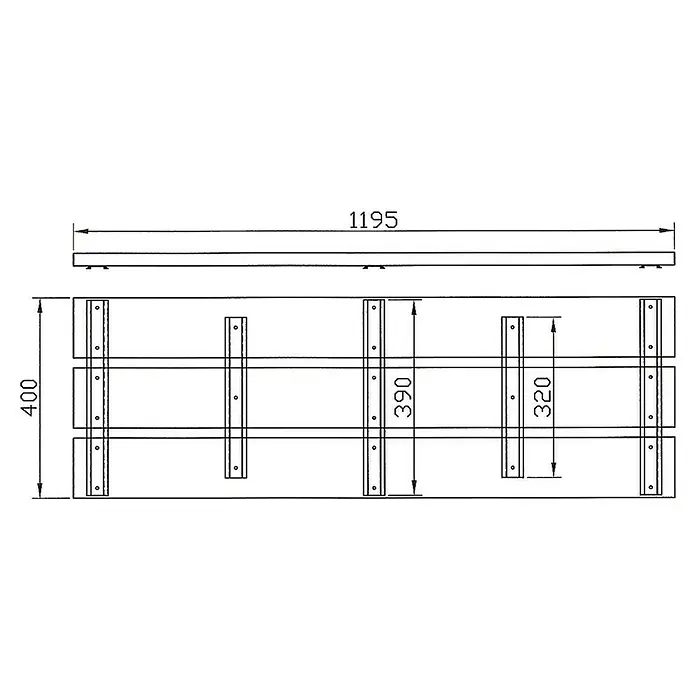 Palatino Sitzauflage Woodpecker Pro - 120 x 40 cm, Passend für: Palatino Exclusive Line Kaminholzregal Woodpecker Pro, Cortenstahl - Technische Zeichnung eines Regals mit verschiedenen Maßen, wie Länge 1195, Höhe 400 und Fachhöhen von 390 und 320.