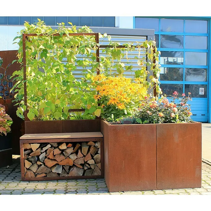 Palatino Sitzauflage Woodpecker Pro - 120 x 40 cm, Passend für: Palatino Exclusive Line Kaminholzregal Woodpecker Pro, Cortenstahl - Rostfarbener Pflanzkasten mit Holzbank und Klettergerüst, bepflanzt mit Kletterpflanzen, Sonnenblumen und Rosen, ideal für Garten und Terrasse.