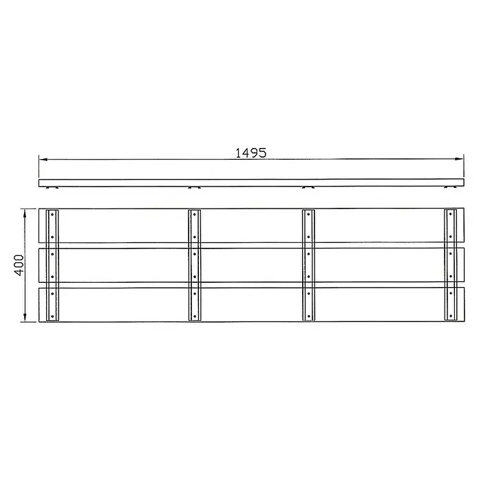 Palatino Sitzauflage Woodpecker Pro - 150 x 40 cm, Passend für: Palatino Exclusive Line Kaminholzregal Woodpecker Pro, Cortenstahl - Technische Zeichnung eines Wandregals mit drei Ablageflächen und den Maßen 1495 x 400 mm für die Wandmontage.