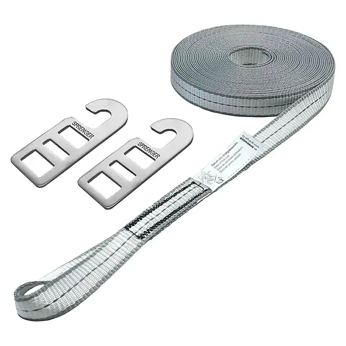 Sprenger Lifeline - 1 Stk., Bruchlast: 2.000 kg - Produktansicht eines Sprenger-Gurtsystems mit zwei Haken, einem Gurtband und einer Rolle Gurtband.