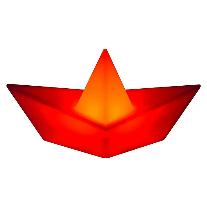 BAUHAUS Lámpara decorativa solar Nave - Blanco, IP65 - Barco de papel rojo iluminado con luz amarilla.