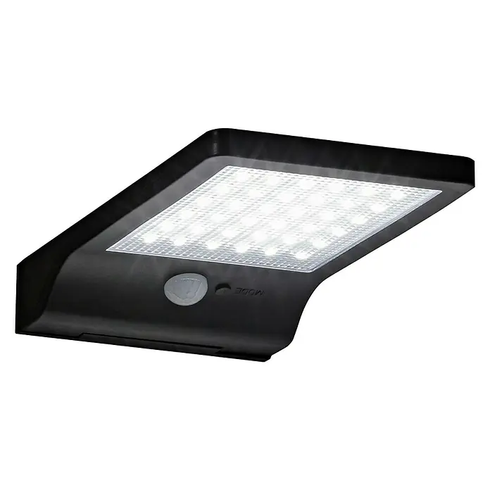 BAUHAUS Solar-Außenwandleuchte - 3 W, L x B x H: 19 x 11 x 3 cm, Schwarz, IP44, 300 lm - Eine Nahaufnahme einer schwarzen Solarleuchte mit Bewegungssensor und LED-Lichtern, ideal für den Außenbereich.