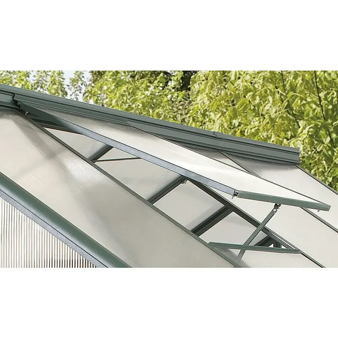 Vitavia Gewächshaus-Fensterrahmen - Smaragd, Passend für: Vitavia Gewächshäuser Eos - Nahaufnahme eines Gewächshausfensters mit Belüftungssystem, das für optimale Klimatisierung sorgt. Ideal für den Gartenbau und die Pflanzenzucht.