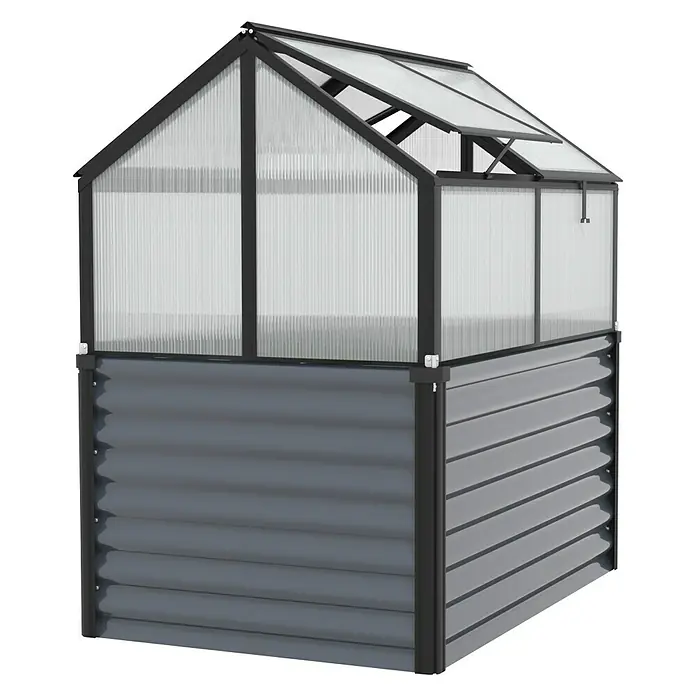Vitavia Hochbeet Zola - 126,7 x 89 x 134,5 cm, Polycarbonat, Schwarz/ Granit - Ein graues Hochbeet-Gewächshaus mit transparentem Dach und Metallrahmen für den Garten. Ideal für den Anbau von Pflanzen und Gemüse.
