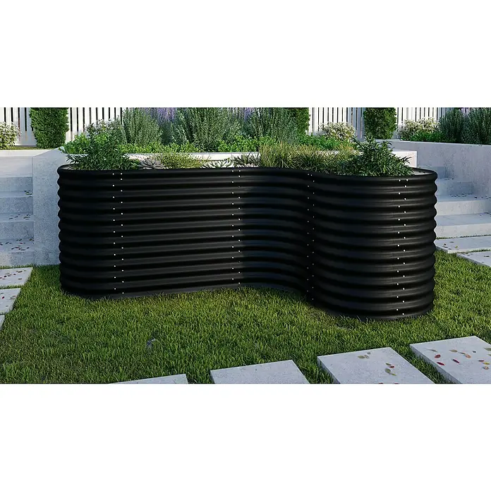 Vitavia Hochbeet-Erweiterung Curve 858 - 80 x 86 cm, Metall, Schwarz - Schwarzes Hochbeet aus Stahl mit Pflanzen bepflanzt, ideal für den Garten. Die gewellte Bauweise verleiht eine moderne Note und verbessert die Gartengestaltung.
