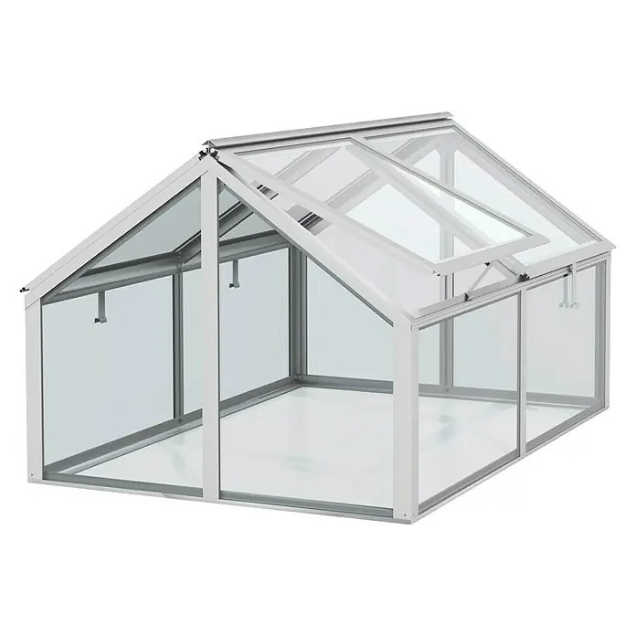 Vitavia Frühbeet Zola - 124,3 x 89 x 71,3 cm, Silber, Sicherheitsglas - Das Bild zeigt ein Gewächshaus mit einem stabilen Rahmen und Glasplatten, ideal für den Anbau von Pflanzen.