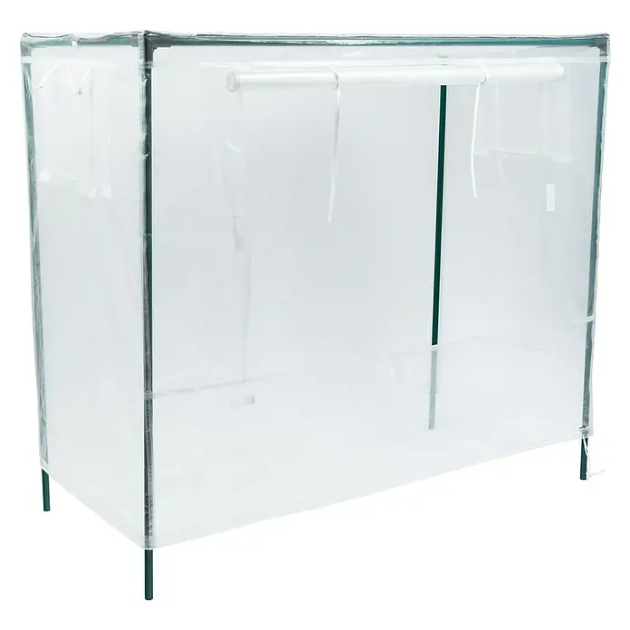 Vitavia Hochbeet-Abdeckung - L x B x H: 118 x 55 x 105 cm - Aufnahme eines tragbaren Gewächshauses mit durchsichtiger Kunststoffabdeckung und grünem Metallgestell.