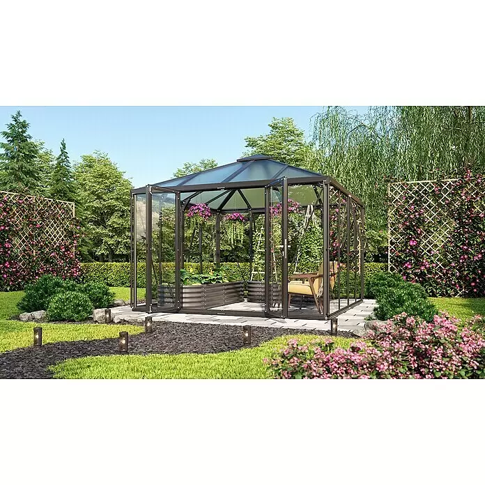 Vitavia Gewächshaus Minos - Außenmaß inkl. Dachüberstand (B x T): 317 x 321,5 cm, Material Seitenwand: Glas, 3 mm, Schwarz - Stimmungsaufnahme