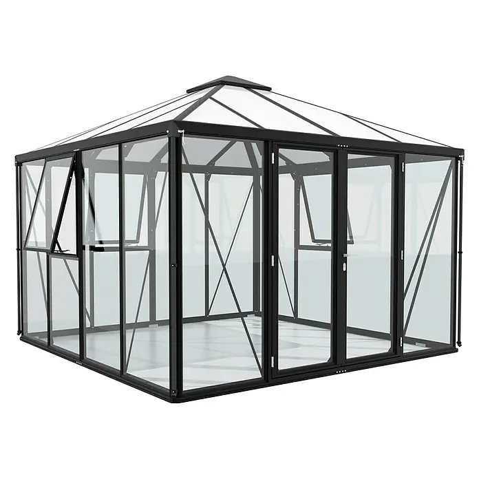 Vitavia Gewächshaus Minos - Außenmaß inkl. Dachüberstand (B x T): 317 x 321,5 cm, Material Seitenwand: Glas, 3 mm, Schwarz - Das Bild zeigt ein modernes Gewächshaus mit schwarzem Rahmen und transparenten Glaswänden, ideal für den Gartenanbau.