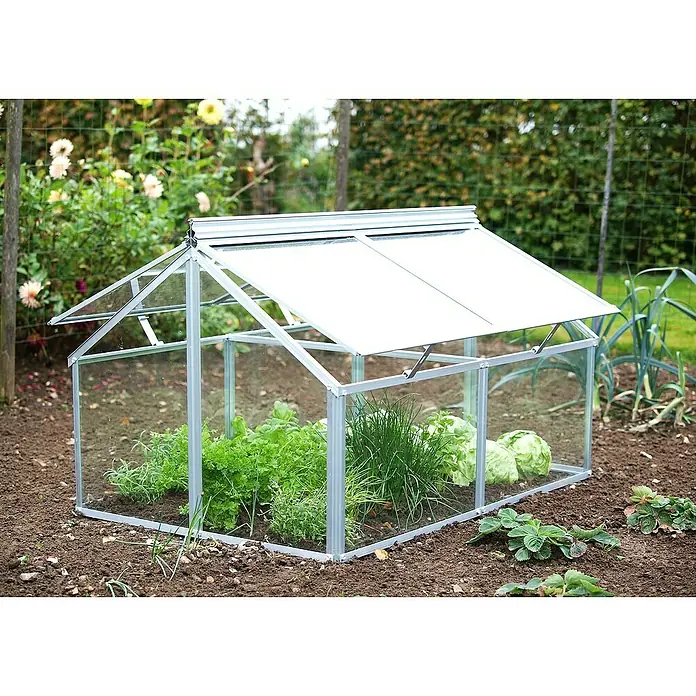 Vitavia Frühbeet Gaia Jumbo - L x B x H: 119,3 x 83,1 x 71,9 cm, Silber, Sicherheitsglas - Das Bild zeigt ein Mini-Gewächshaus mit Pflanzen darin, wobei das Dach teilweise geöffnet ist, um die Belüftung zu ermöglichen.