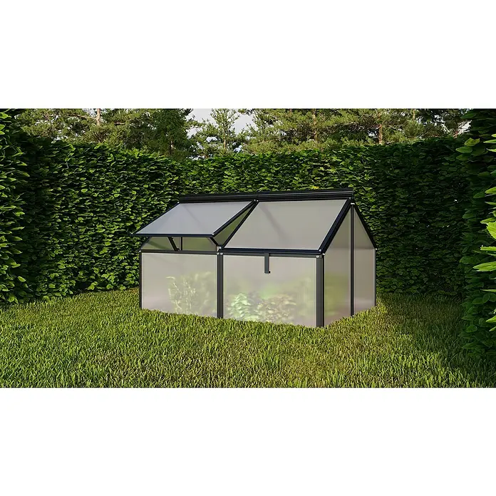 Vitavia Frühbeet Gaia Jumbo - L x B x H: 119,3 x 83,1 x 71,9 cm, Schwarz, Polycarbonat - Nahaufnahme eines Gewächshauses im Garten mit geöffnetem Fenster und Pflanzen im Inneren.