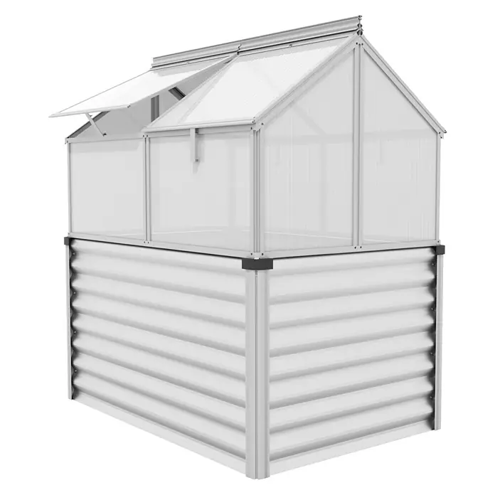 Vitavia Hochbeet mit Frühbeet-Aufsatz - 121,7 x 83,1 x 135,1 cm, Silber, Aluminium - Ein Gewächshaus mit einem stabilen, erhöhten Beet, ideal für den Garten. Das Dach ist teilweise geöffnet, um die Belüftung zu optimieren.