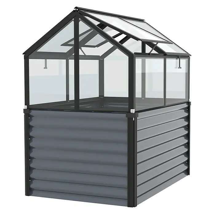 Vitavia Hochbeet Zola - 126,7 x 89 x 134,5 cm, Sicherheitsglas, Schwarz - Ein geräumiges Hochbeet-Gewächshaus mit grauem Rahmen und transparenten Wänden, ideal für Gartenliebhaber.