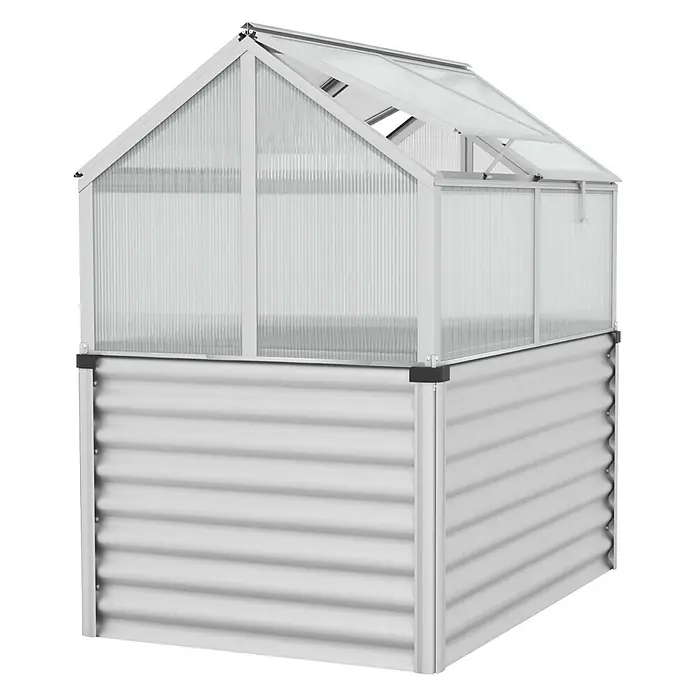 Vitavia Hochbeet Zola - 126,7 x 89 x 134,5 cm, Polycarbonat, Silber - Das Bild zeigt ein Hochbeet mit Gewächshausaufsatz. Das Beet ist aus Metall gefertigt und hat eine gerippte Oberfläche.