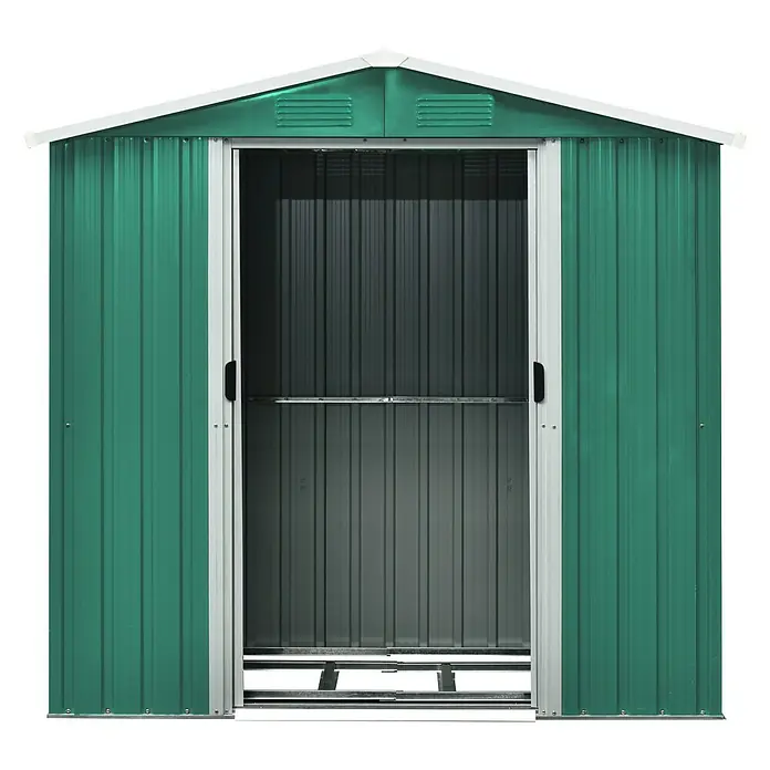 Pergart Gerätehaus Köln II - 194 cm, 110 cm, Stahl, Tanne, Creme - Ein grünes Metallgartenhaus mit Doppelschiebetüren steht offen. Das Innere ist grau und es hat ein weißes Dach.
