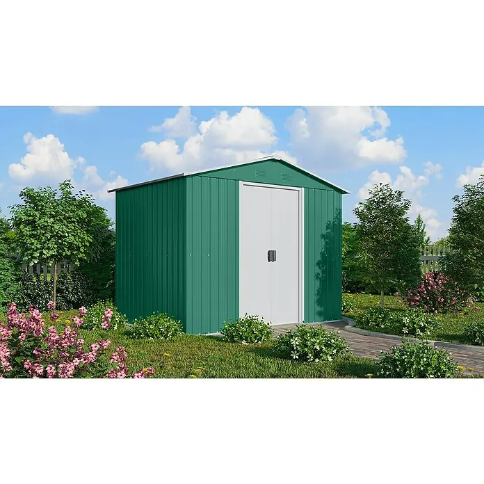 Pergart Gerätehaus Köln II - 236 cm, 174 cm, Stahl, Tanne, Creme - Eine grüne Gartenlaube vor einem wunderschönen Garten präsentiert. Das Metallhaus bietet viel Platz für Geräte und Gartenmöbel.