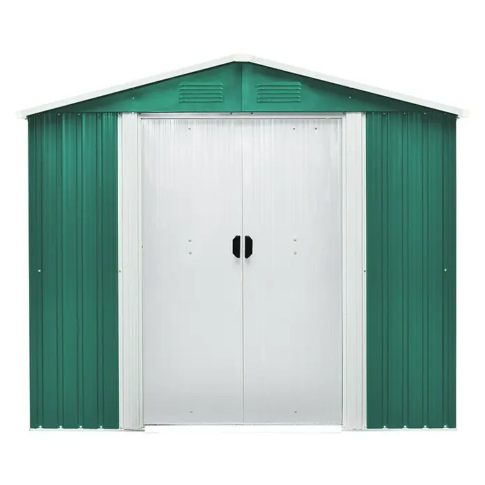 Pergart Gerätehaus Köln II - 236 cm, 174 cm, Stahl, Tanne, Creme - Abbildung eines grünen und weißen Metall-Gartenschuppens mit Doppeltür und Giebeldach zur Aufbewahrung von Gartengeräten.